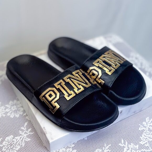 Victoria’s Secret Pink Single Strap Slides Sandals Black & Gold - Picture 2 of 8